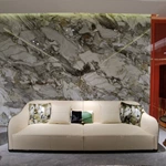 Cream Leather Sofa Set with Shell-Pattern Quilted Craftsmanship, Natural Burl Wood Veneer & Gold Stainless Steel Accents